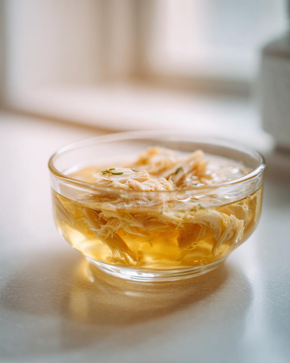 A clear glass bowl filled with fish broth for a cat, showing shredded fish.