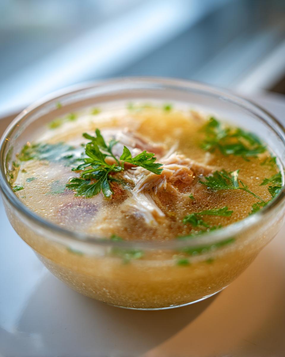 Close-up of a clear glass bowl filled with fish broth, garnished with parsley. Perfect Fish Broth Cat Recipe.