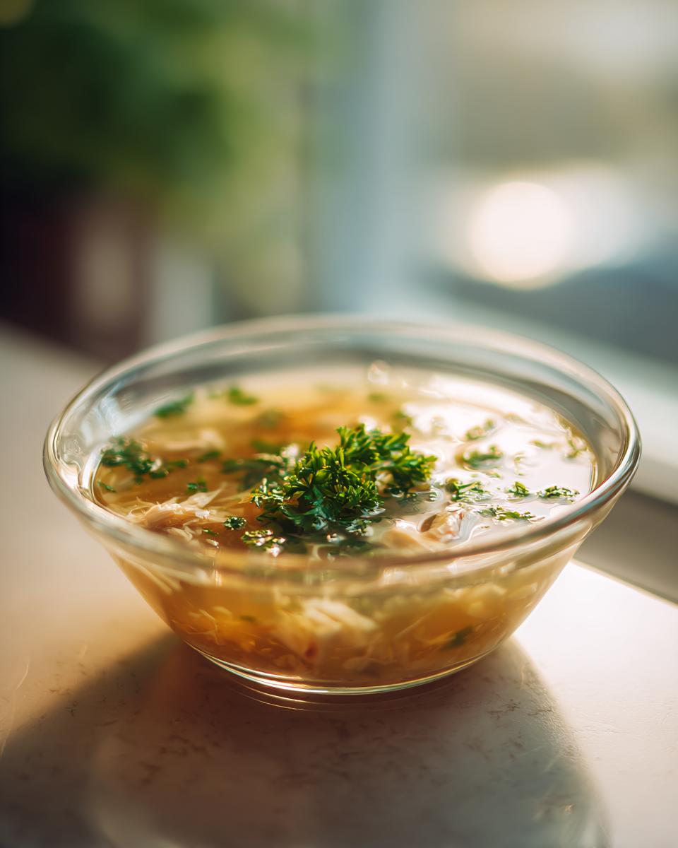 A clear glass bowl filled with homemade fish broth for cats, garnished with fresh herbs. This is a healthy Fish Broth Cat Recipe.