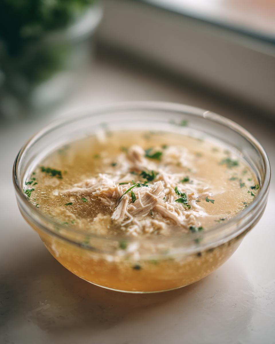 Close-up of a bowl of fish broth cat recipe with shredded chicken and herbs.