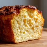 A close-up of a slice of Foolproof Cheese Soufflé, showing its fluffy texture and golden crust.