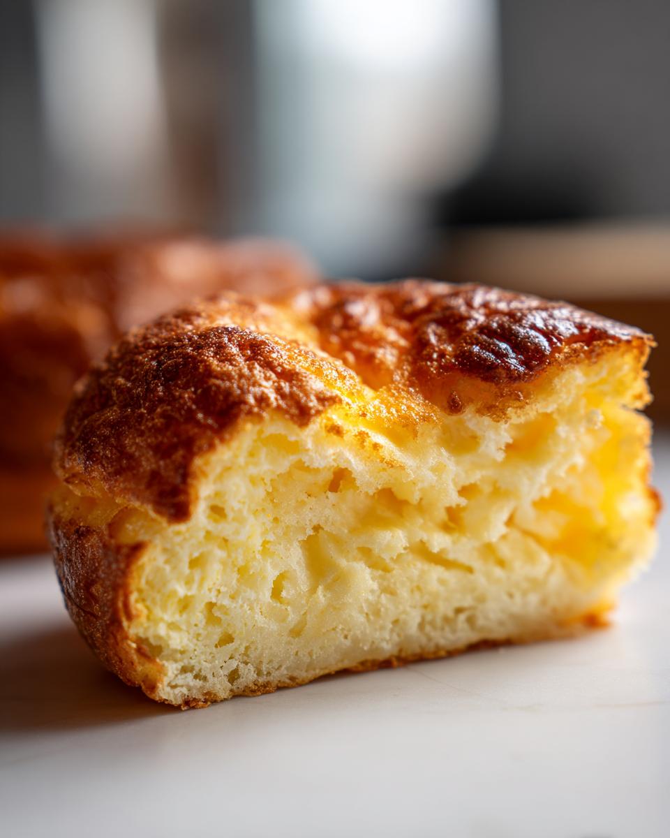 Close-up of a slice of a golden-brown Foolproof Cheese Soufflé, showing its airy texture.