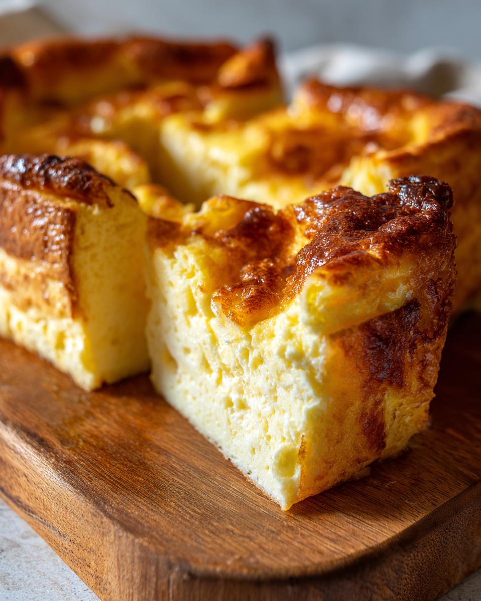 Close-up of a slice of a golden-brown Foolproof Cheese Soufflé for Beginners on a wooden board.