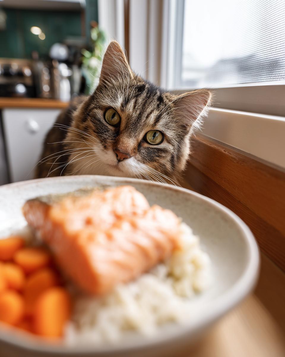 A curious cat looking at a fresh fish cat bowl with salmon, rice, and carrots.