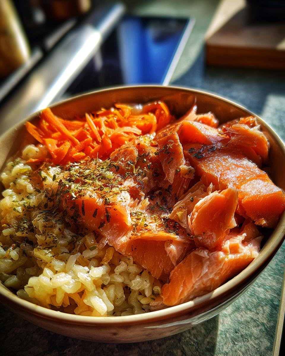 Close-up of a Fresh Fish Cat Bowl with salmon, rice, and carrots, a healthy meal for cats.