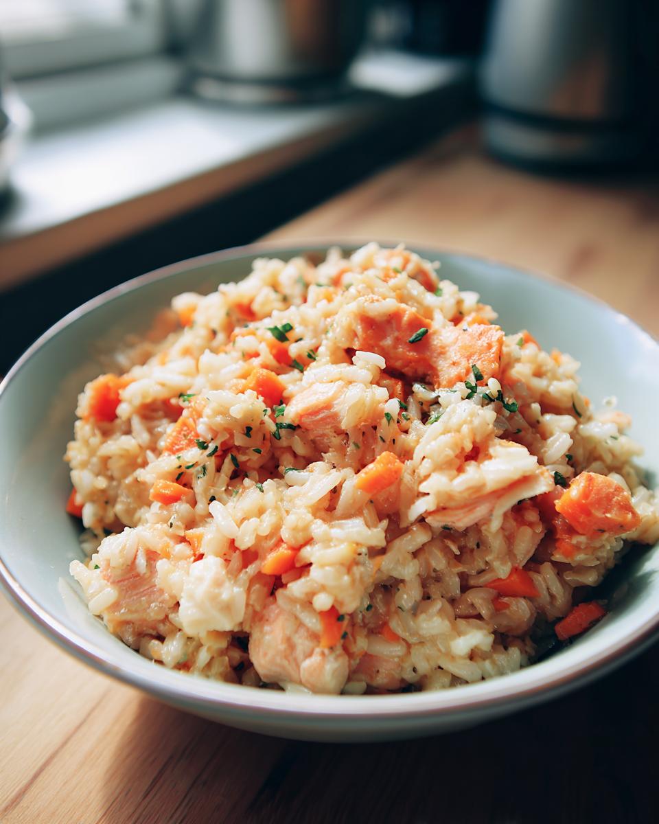 Close-up of a Fresh Fish Cat Bowl with salmon, rice, and carrots, a healthy meal for cats.