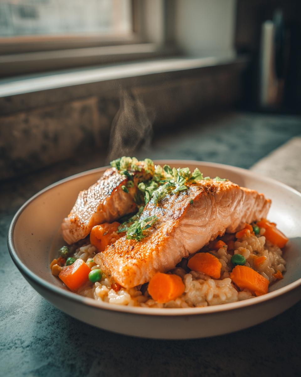Close-up of a Fresh Fish Cat Bowl with salmon, rice, and vegetables.