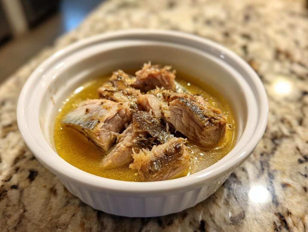 Close-up of a bowl of Fresh Sardine Cat Dinner, showing cooked sardines in broth.