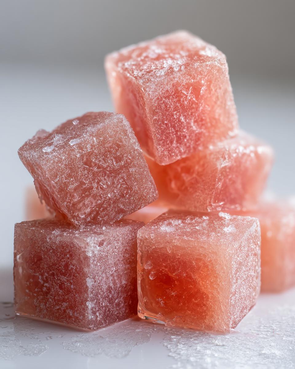 Close-up of several frozen tuna cat treat cubes, a treat for cats.