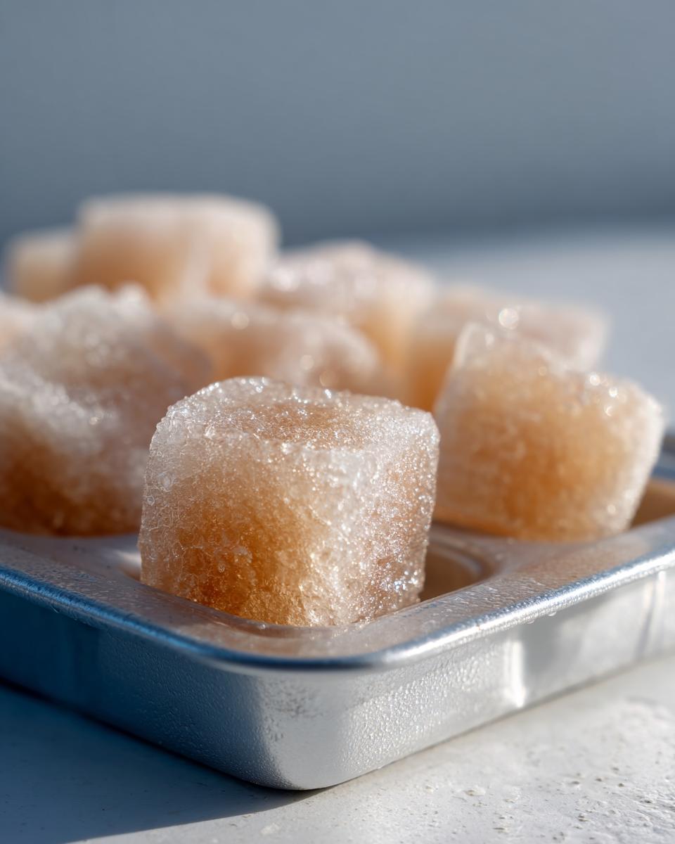 Close-up of frozen tuna cat treat cubes in a metal tray, the primary keyword is Frozen Tuna Cat Treat Cubes.