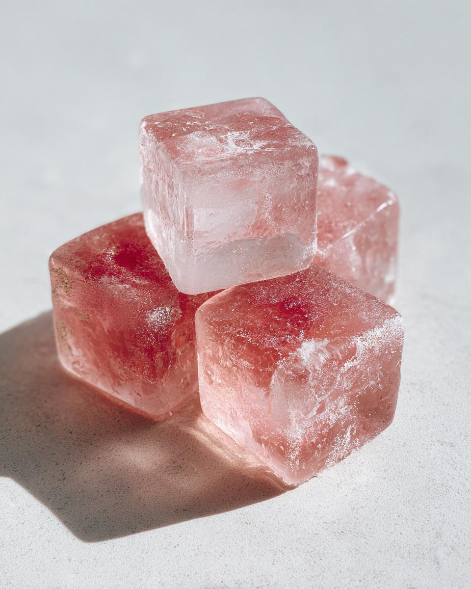 Close-up of four Frozen Tuna Cat Treat Cubes, a homemade cat treat recipe.