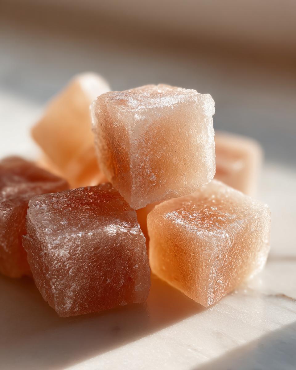 Close-up of several Frozen Tuna Cat Treat Cubes, showing texture and color.
