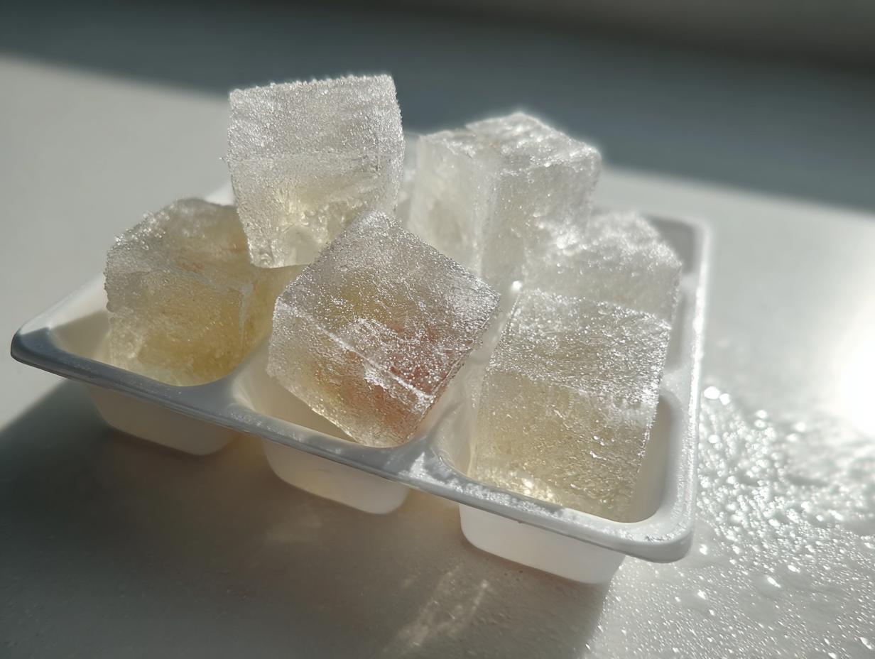 Close-up of frozen tuna cat treat cubes in a white ice cube tray, perfect for a cat.