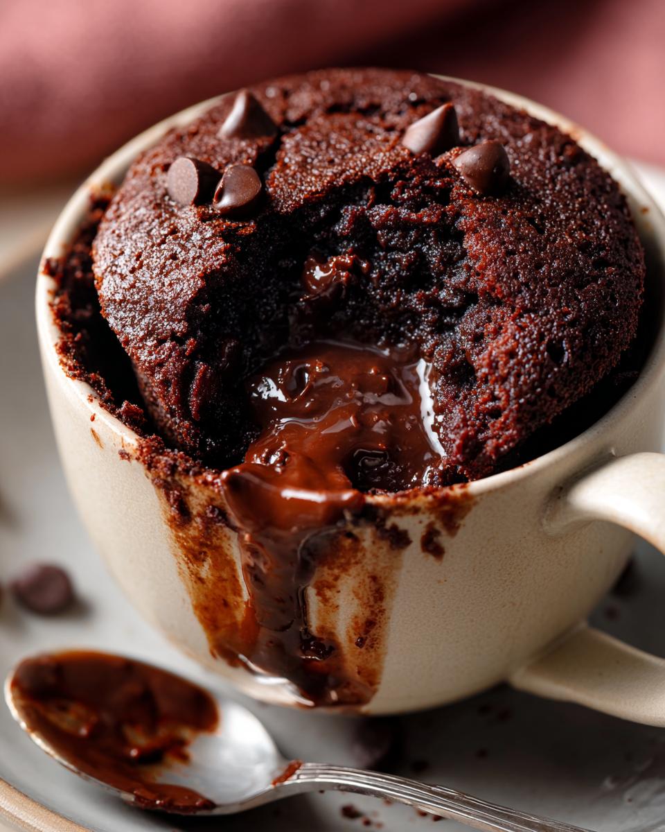 Close-up of a fudgy microwave brownie in a mug, with melted chocolate and chocolate chips. This is an easy recipe for a microwave brownie.