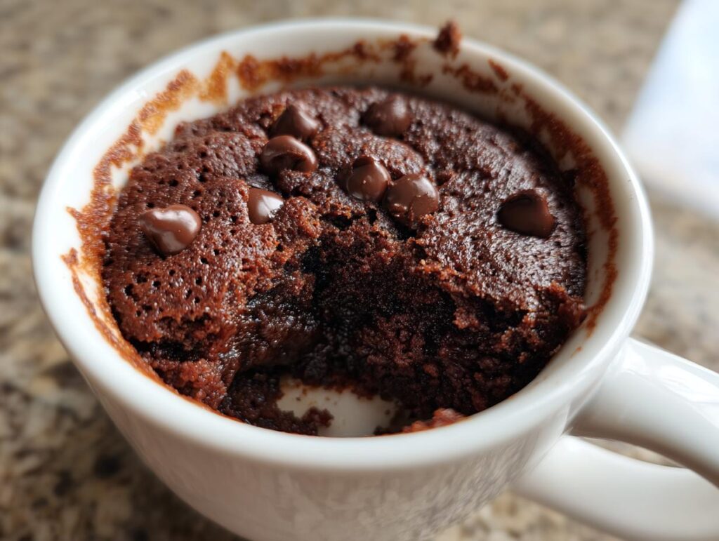 Close-up of a fudgy microwave brownie in a white mug, topped with chocolate chips. This is an easy recipe for a microwave brownie.