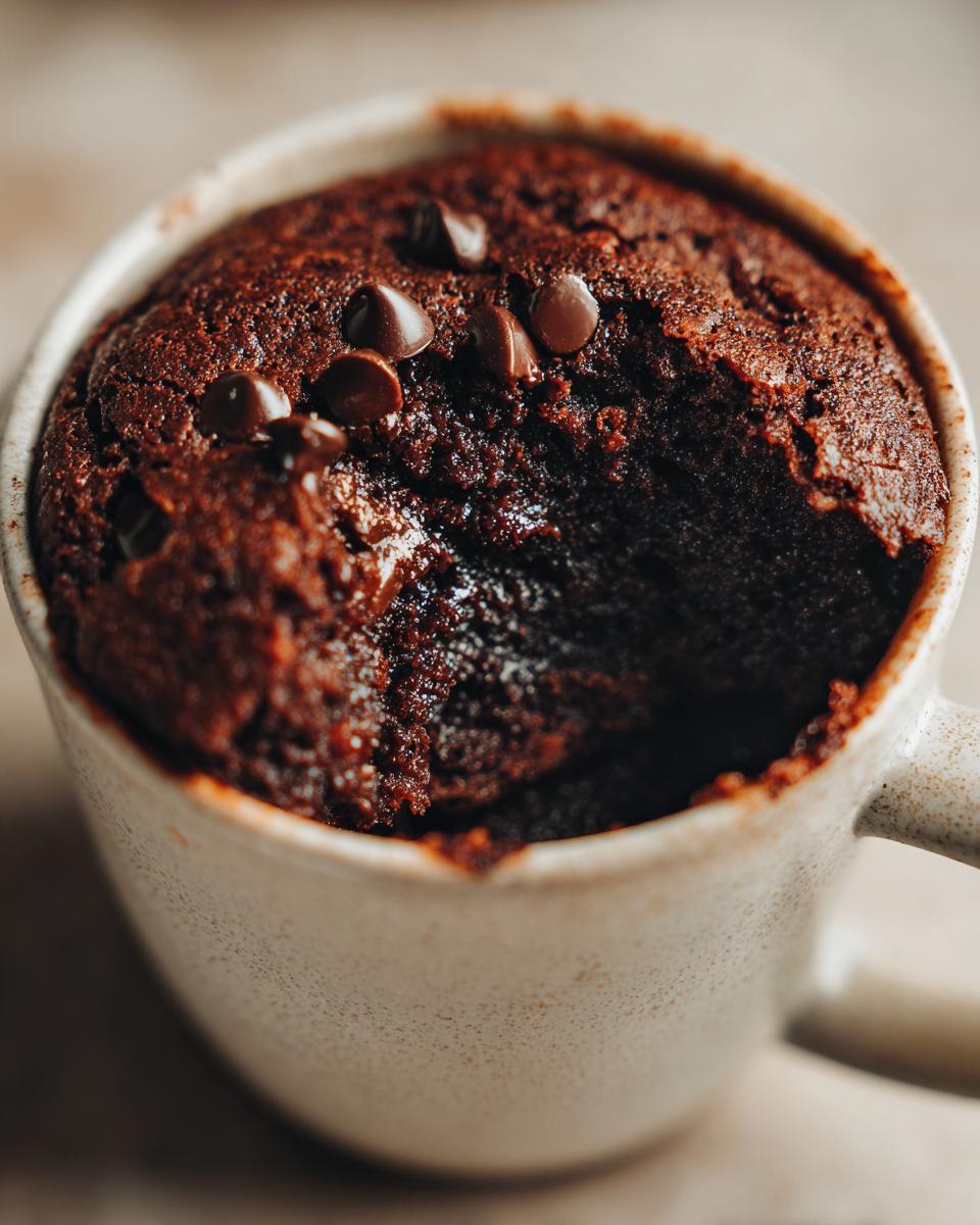 Close-up of a fudgy microwave brownie in a mug, topped with chocolate chips. This is an easy recipe for a microwave brownie.