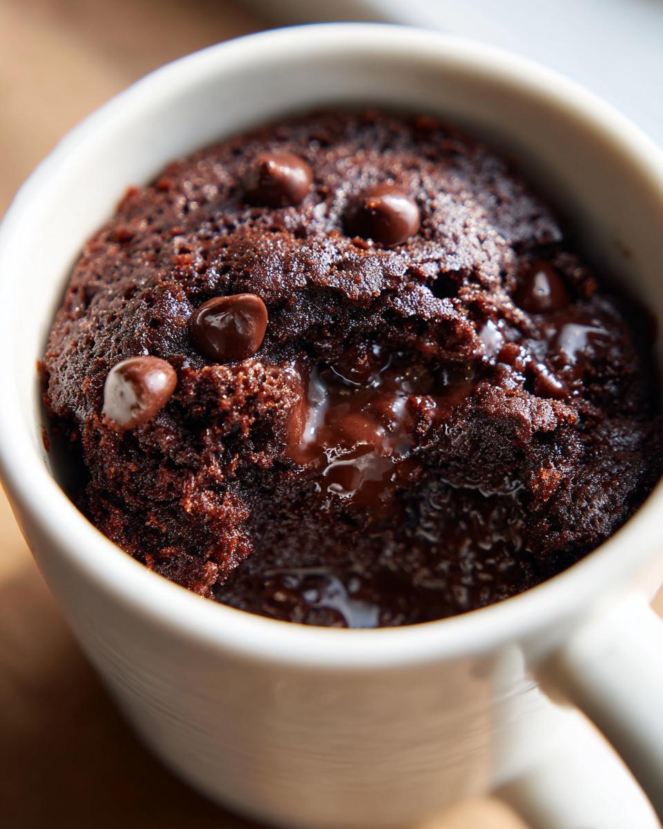 Close-up of a fudgy microwave brownie in a mug, topped with chocolate chips. This is an easy recipe for a microwave brownie.