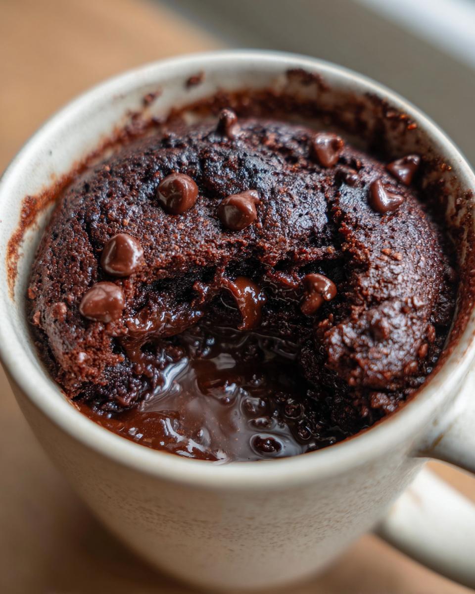 Close-up of a fudgy microwave brownie in a mug, with chocolate chips and melted chocolate.