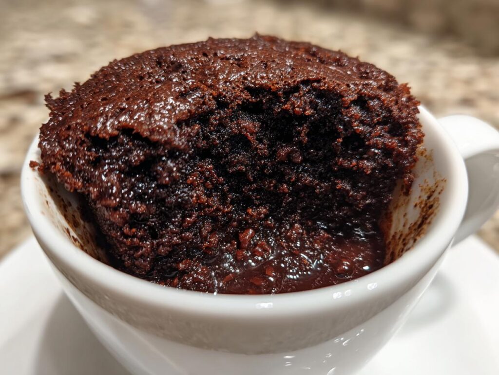 Close-up of a fudgy microwave brownie in a white mug. Perfect for an Easy Recipe: Make a Fudgy Microwave Brownie.