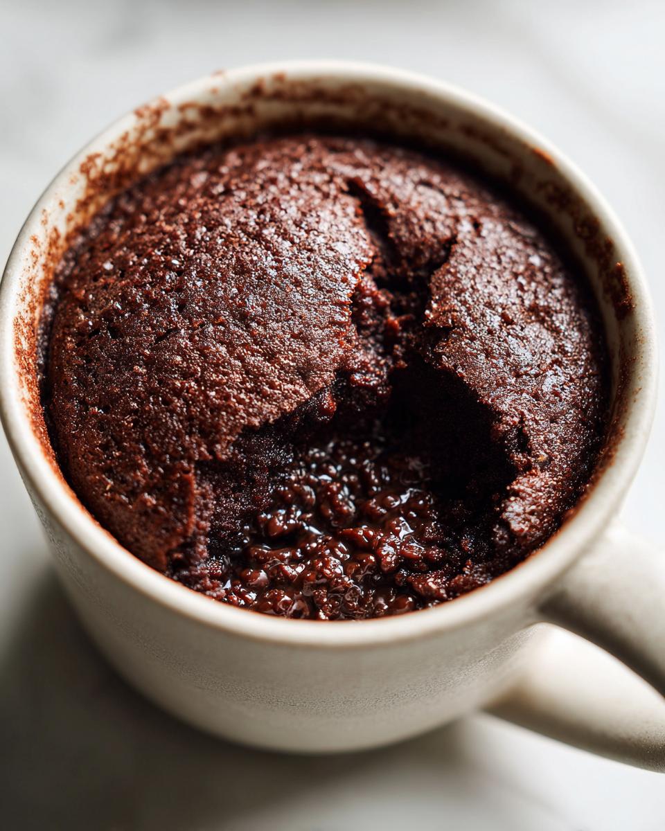 Close-up of a fudgy microwave brownie in a mug, perfect for a quick dessert. Featuring the easy recipe: Make a Fudgy Microwave Brownie.