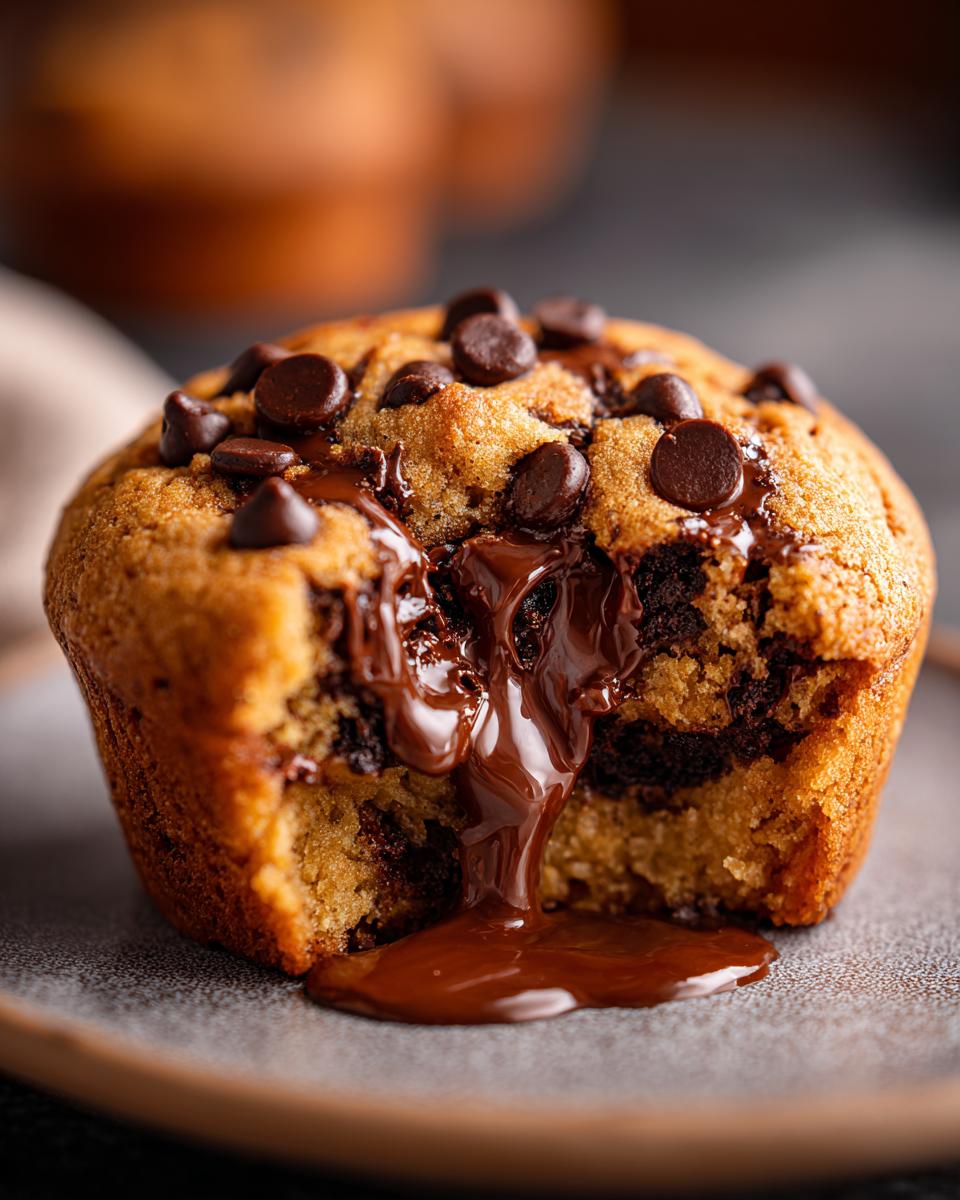 Close-up of a gooey cookie cup with chocolate chips and a flowing chocolate center, part of the Ultimate Gooey Cookie Cup Hack.