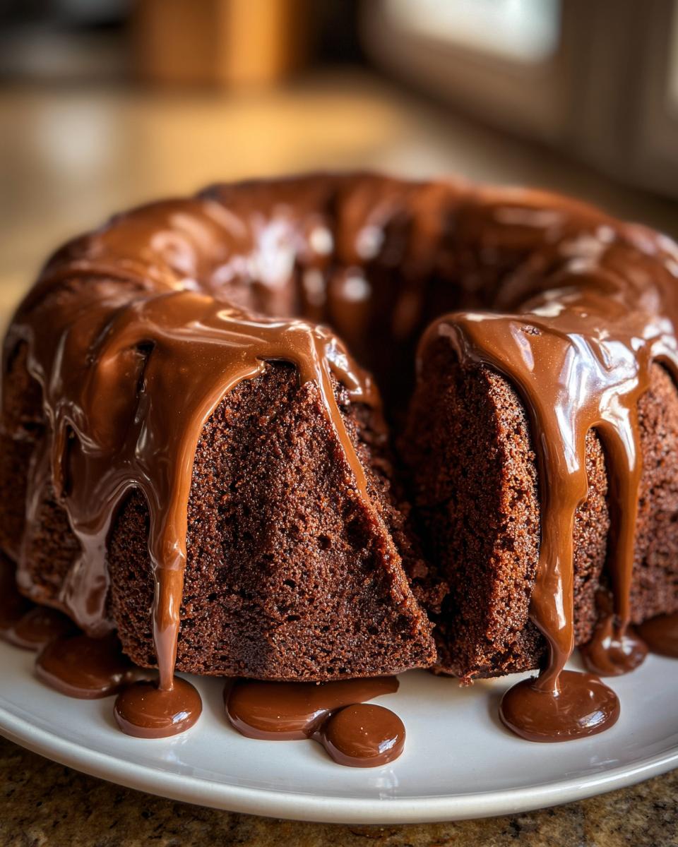 Close-up of a Guinness Chocolate Bundt with Irish Buttercream Drip, showing a slice removed.