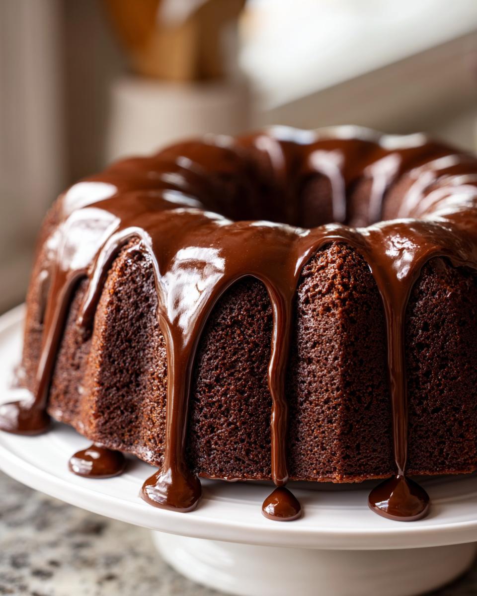 Close-up of a Guinness Chocolate Bundt with a rich chocolate ganache drip.