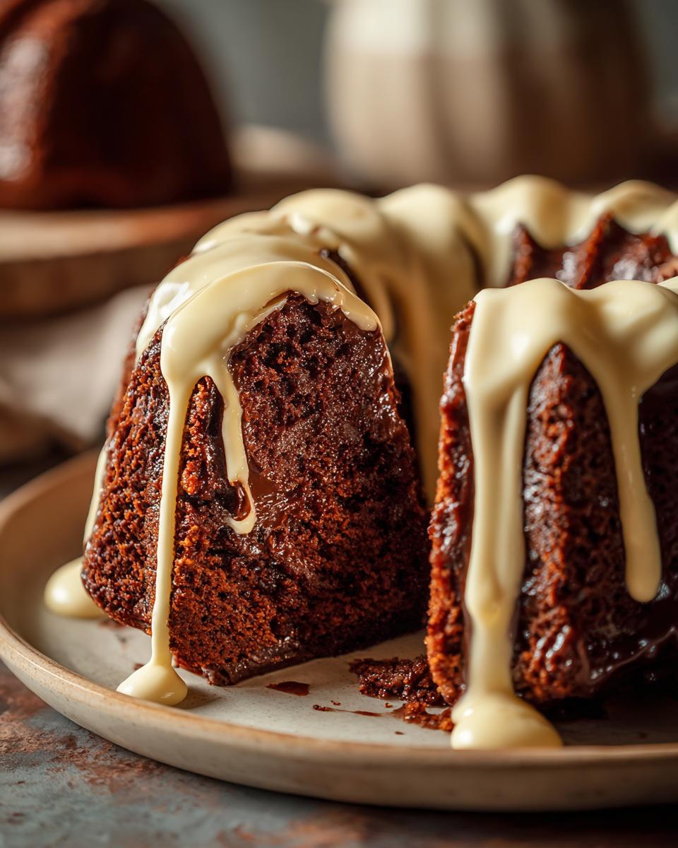 Close-up of a slice of Guinness Chocolate Bundt with Irish Buttercream drip.