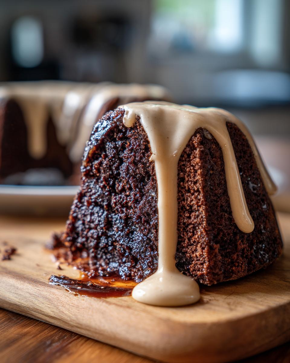 Close-up of a slice of Guinness Chocolate Bundt with Irish Buttercream drip on a wooden board.