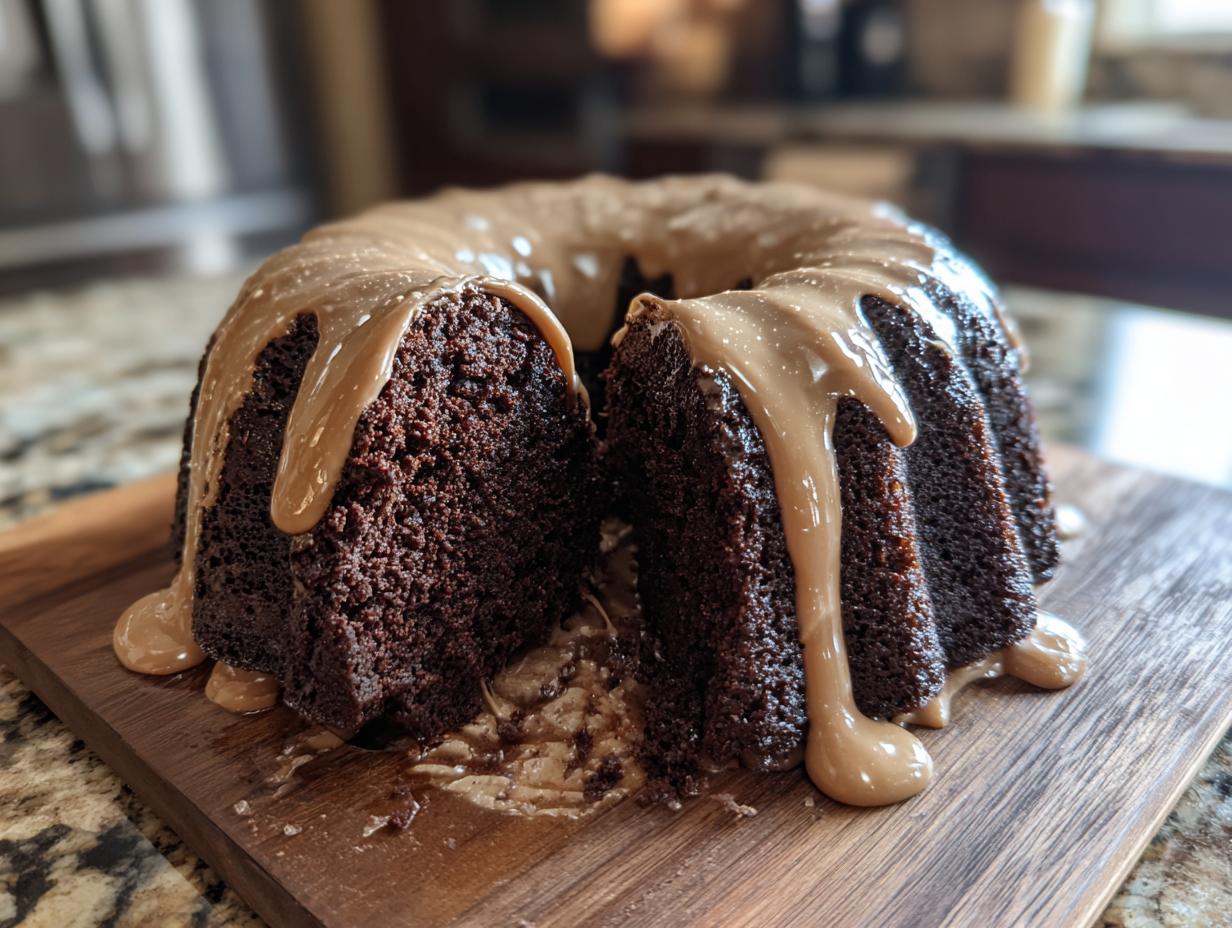 A delicious Guinness Chocolate Bundt with Irish Buttercream Drip, cut open to show the moist cake.