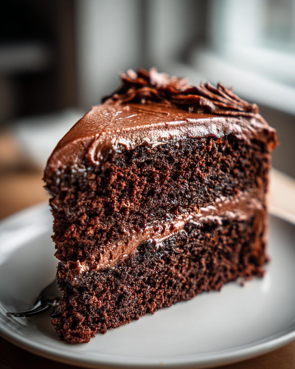 Close-up of a slice of Guinness Chocolate Cake with Irish Buttercream on a white plate.