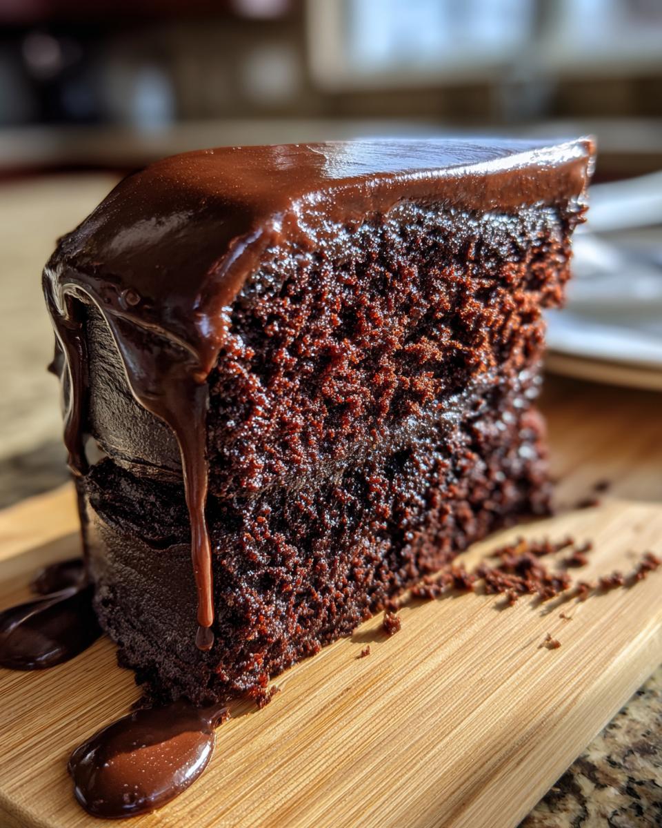 Close-up of a slice of Guinness Chocolate Cake with rich chocolate ganache dripping down.