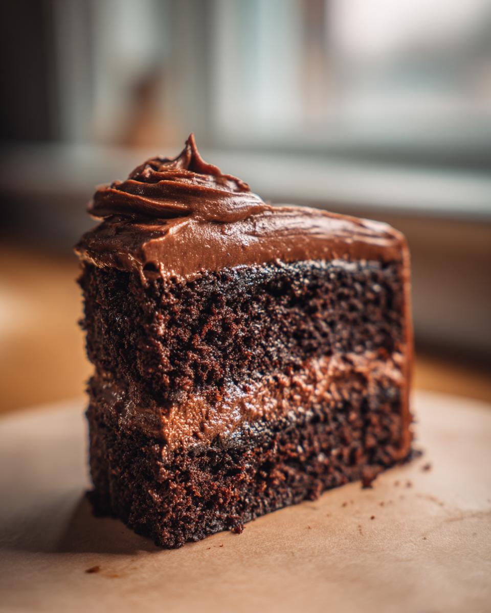 Close-up of a slice of Guinness Chocolate Cake with Irish Buttercream, showing layers and frosting.
