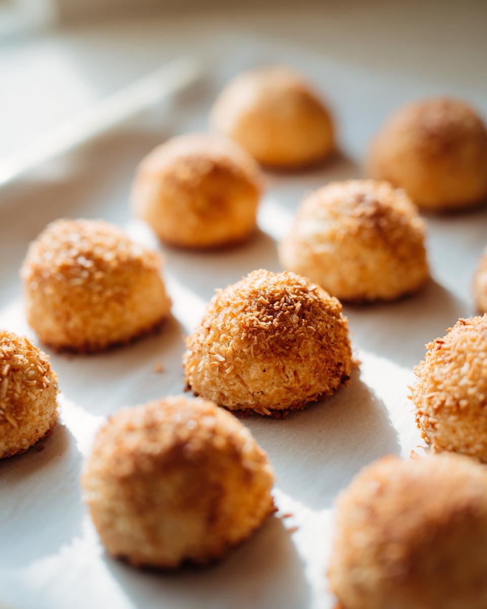 Close-up of homemade hairball support cat treats, coated in coconut flakes.