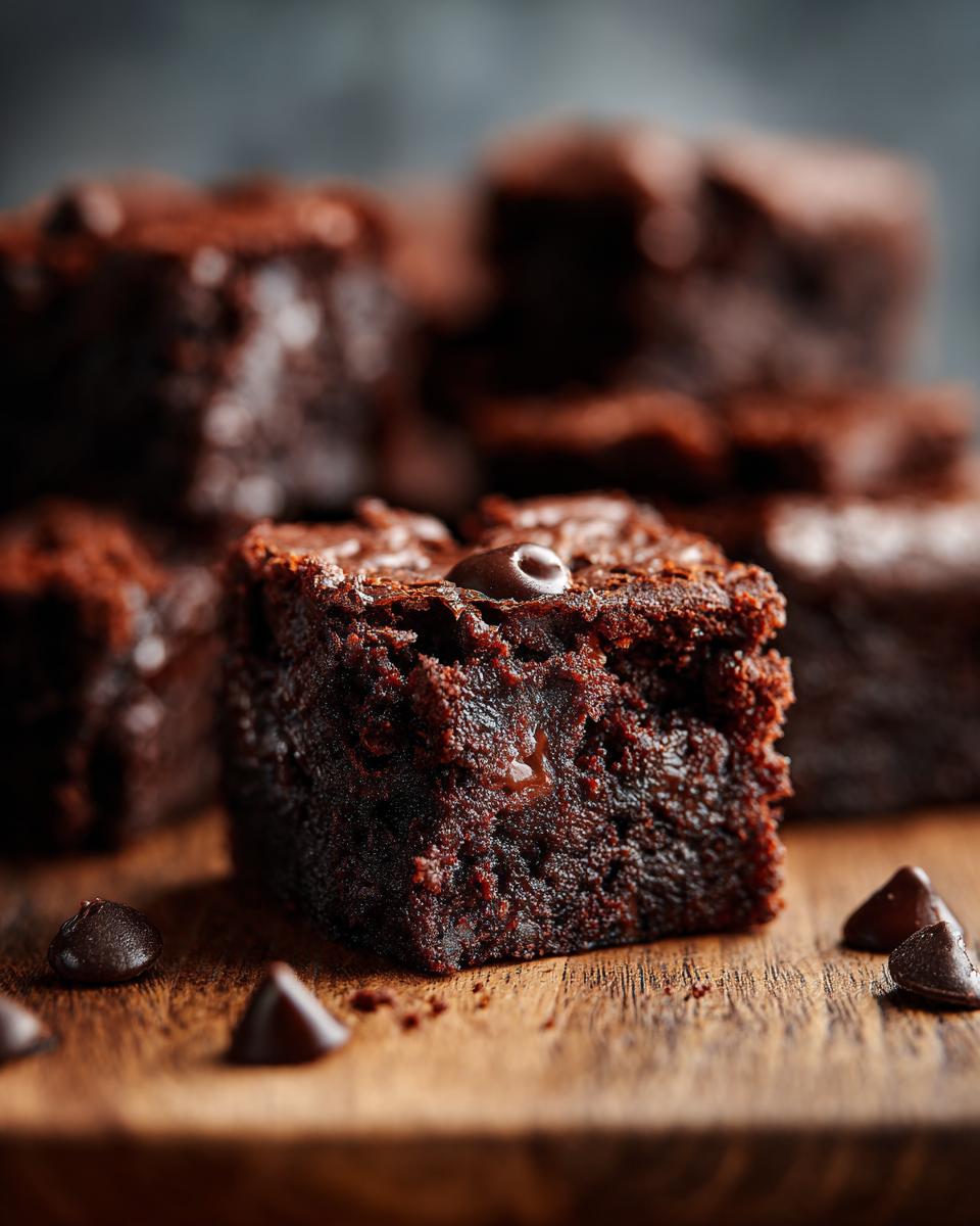 Close-up of a square of a healthy brownie with chocolate chips on a wooden surface. Perfect for a Healthy Brownie Recipe.