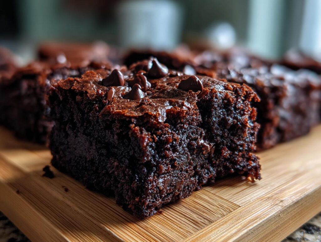 Close-up of a square of a Healthy Brownie topped with chocolate chips on a wooden surface.