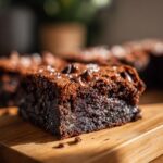 Close-up of a delicious slice of healthy brownie, topped with chocolate chips.