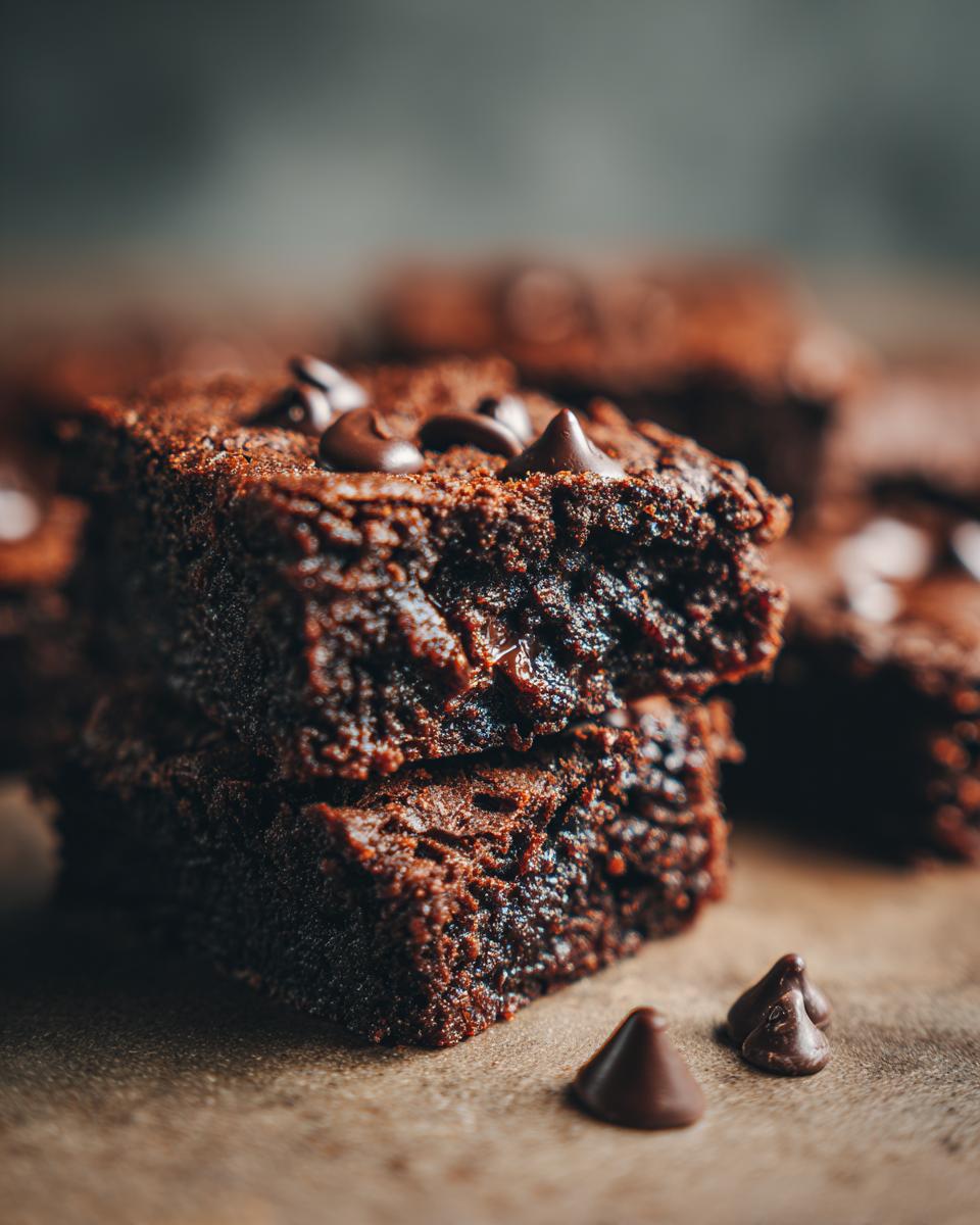 Close-up of a stack of healthy brownie squares with chocolate chips, perfect for a healthy brownie recipe.