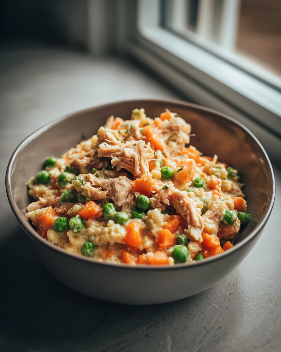 Close-up of a bowl filled with a healthy indoor cat meal, including chicken, carrots, and peas.