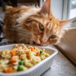 Orange cat licking a bowl of a healthy indoor cat meal with vegetables and chicken.