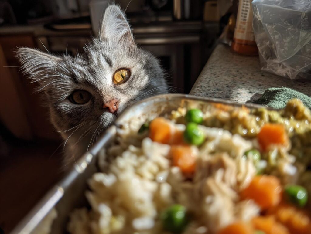 A curious cat looking at a tray of homemade healthy indoor cat meal with vegetables.