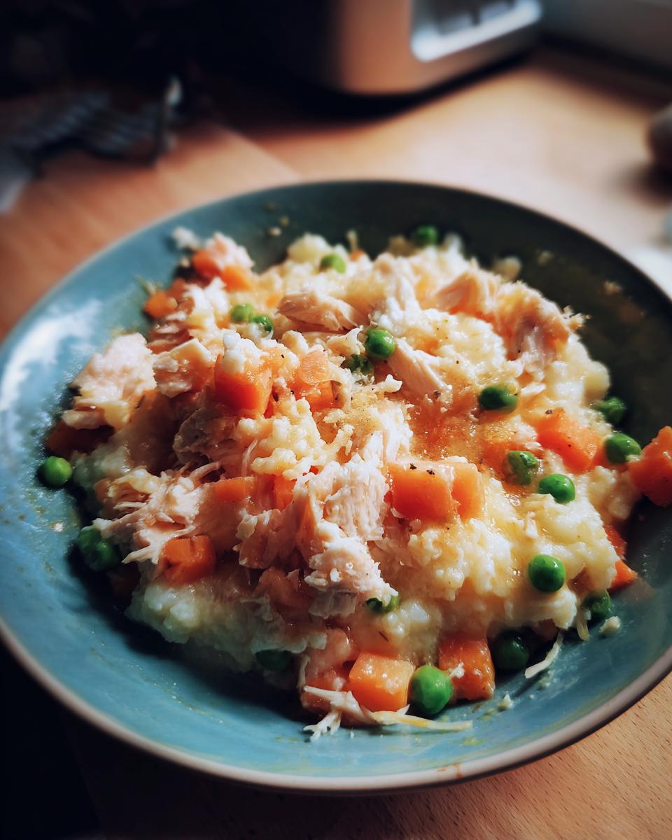 Close-up of a healthy indoor cat meal in a blue bowl, with chicken, peas, and carrots.