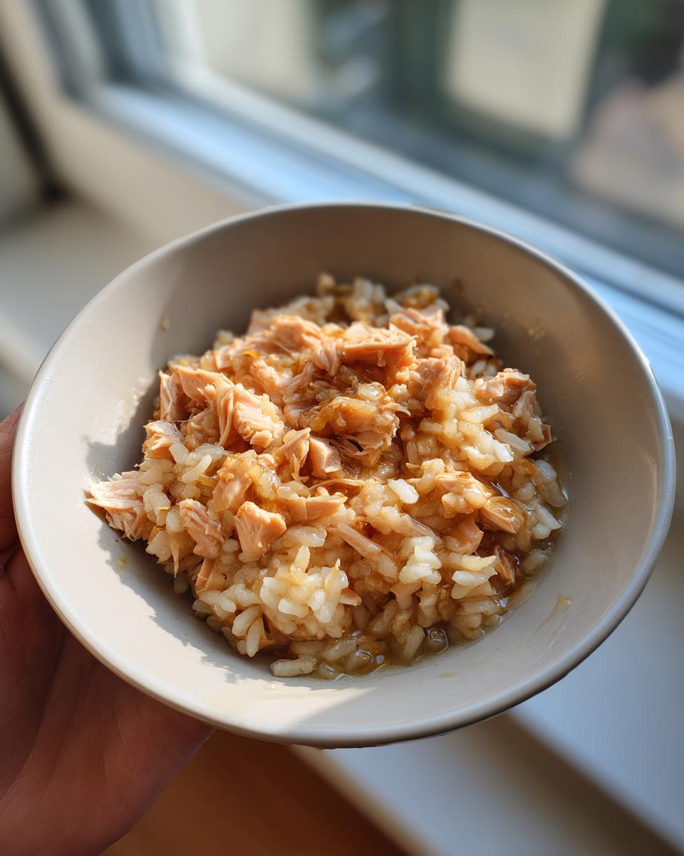 A bowl of high-calorie cat recovery meal, showing rice and meat, ready to feed a cat.