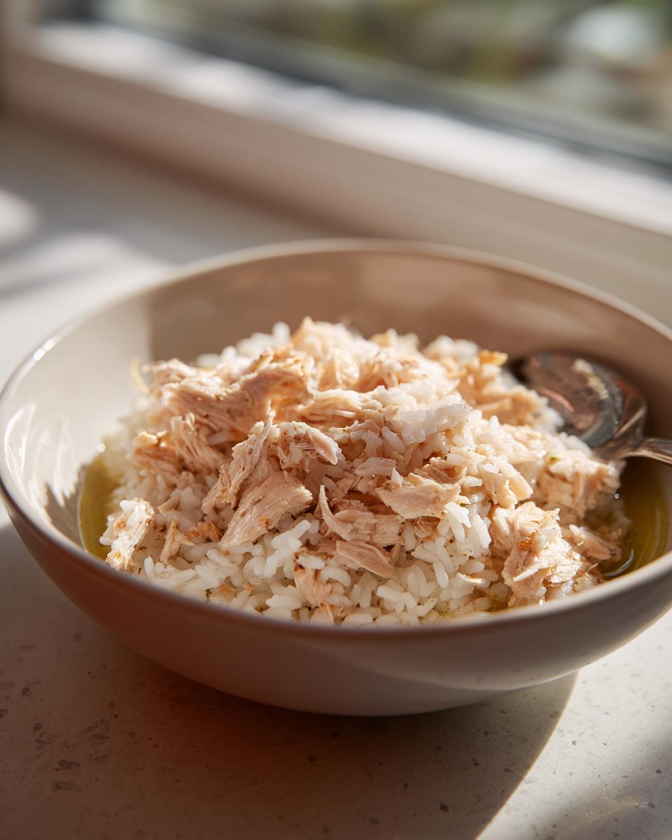 Bowl of chicken and rice, a high-calorie cat recovery meal, ready to eat.
