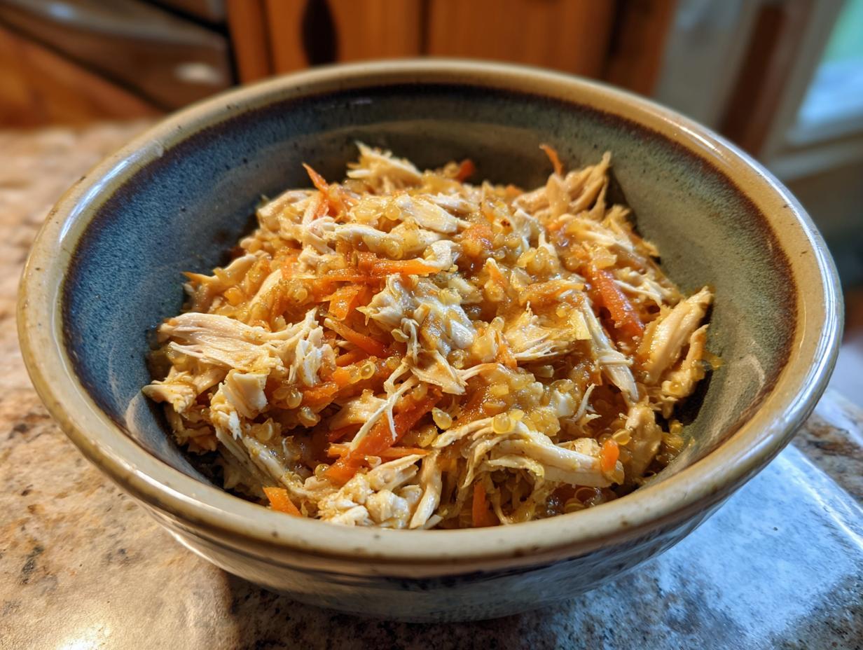 Bowl of homemade High-Protein Senior Cat Meal with shredded chicken and carrots.