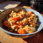 Close-up of a bowl of High-Protein Senior Cat Meal with carrots and quinoa.