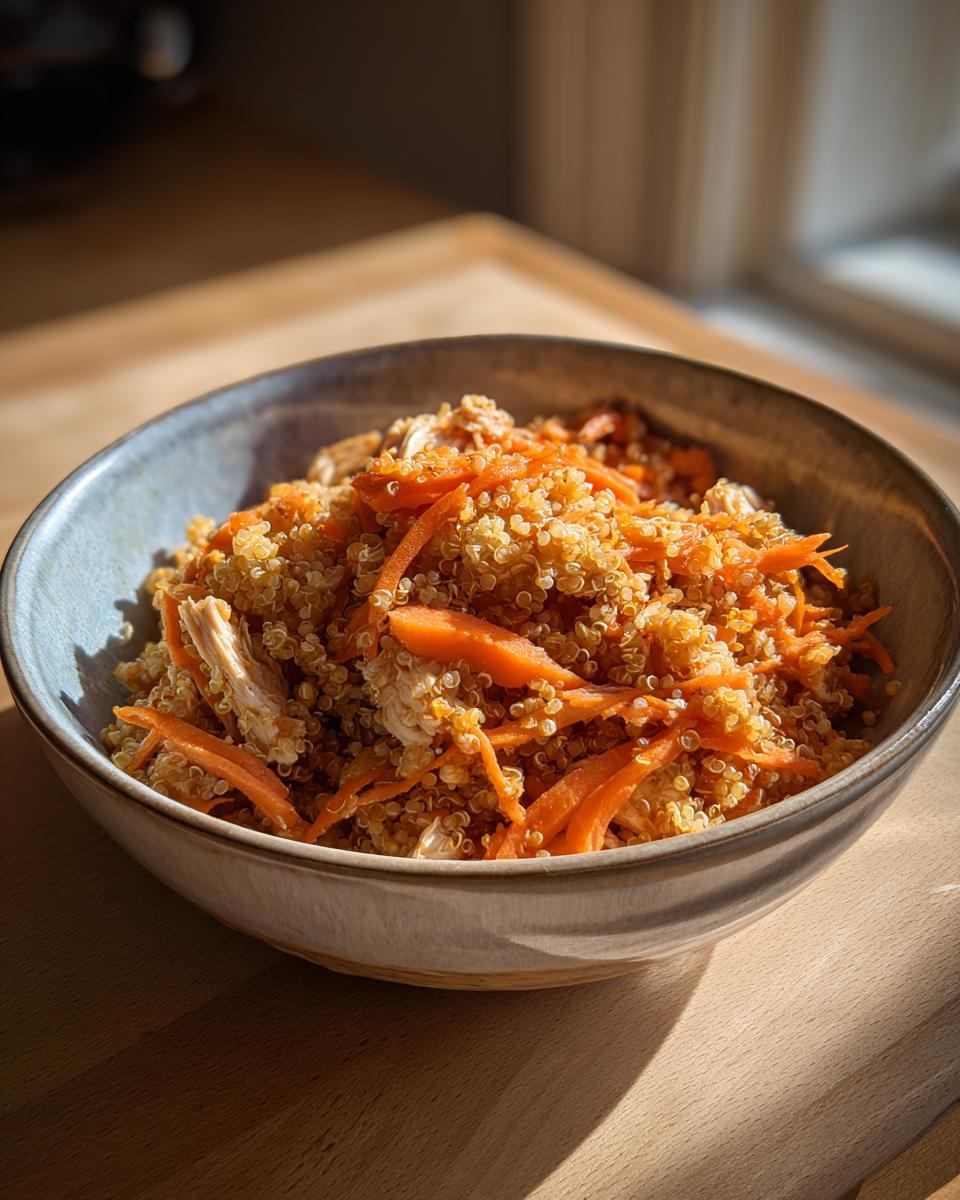 A bowl of High-Protein Senior Cat Meal with quinoa, shredded carrots, and chicken.