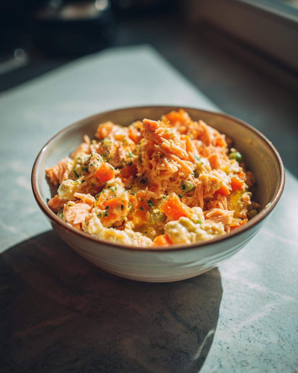 A bowl of homemade High-Protein Turkey Cat Food with vegetables.