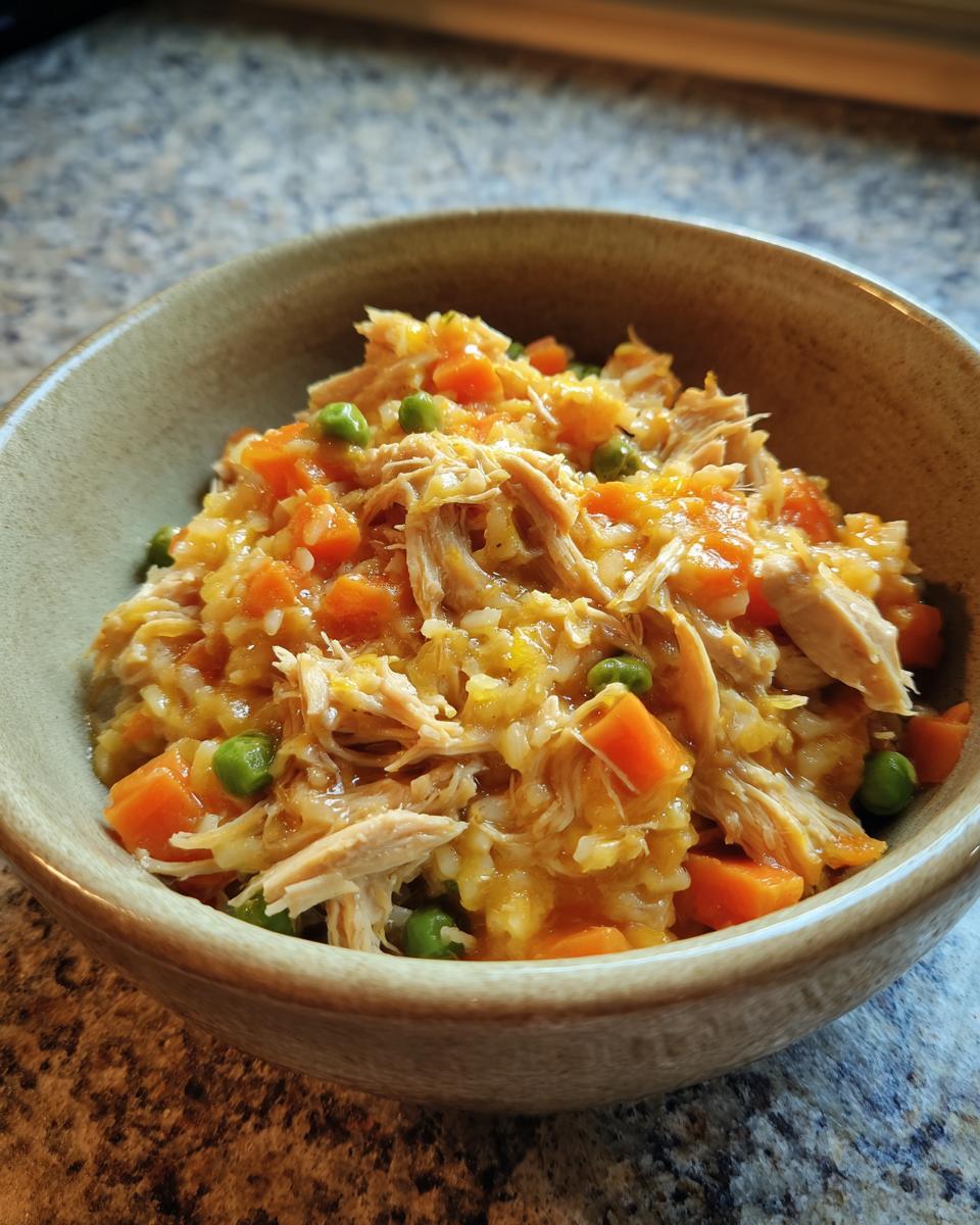 Close-up of a bowl of High-Protein Turkey Cat Food with turkey, carrots, peas, and rice.