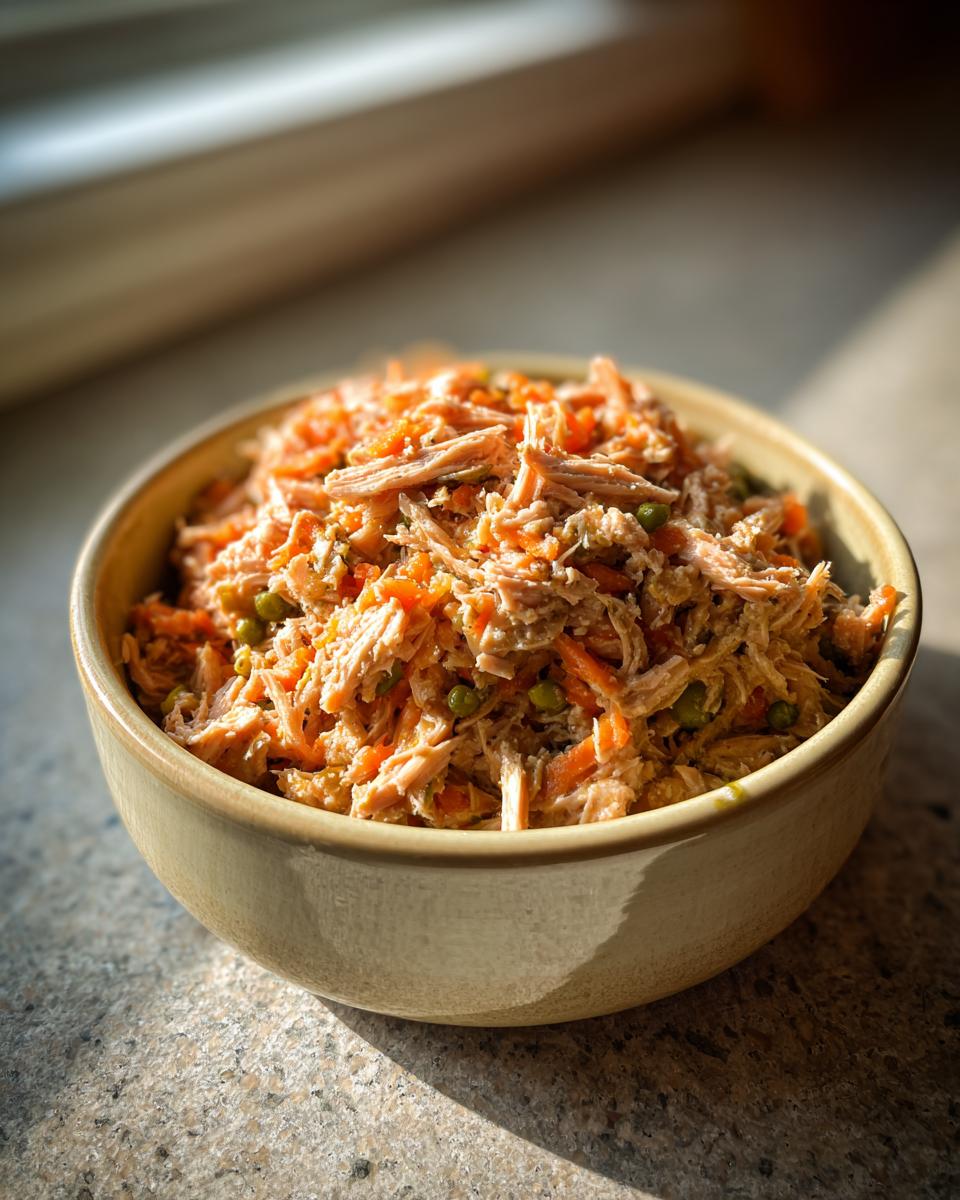 Bowl of homemade High-Protein Turkey Cat Food with shredded turkey and vegetables.